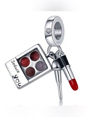 Silver, Red & Black Makeup Palette, Makeup Brush & Lipstick Dangle Charm